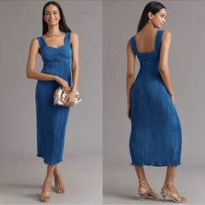 Anthropologie Blue Pleated Satin Midi Dress • Size L • Cocktail Dress